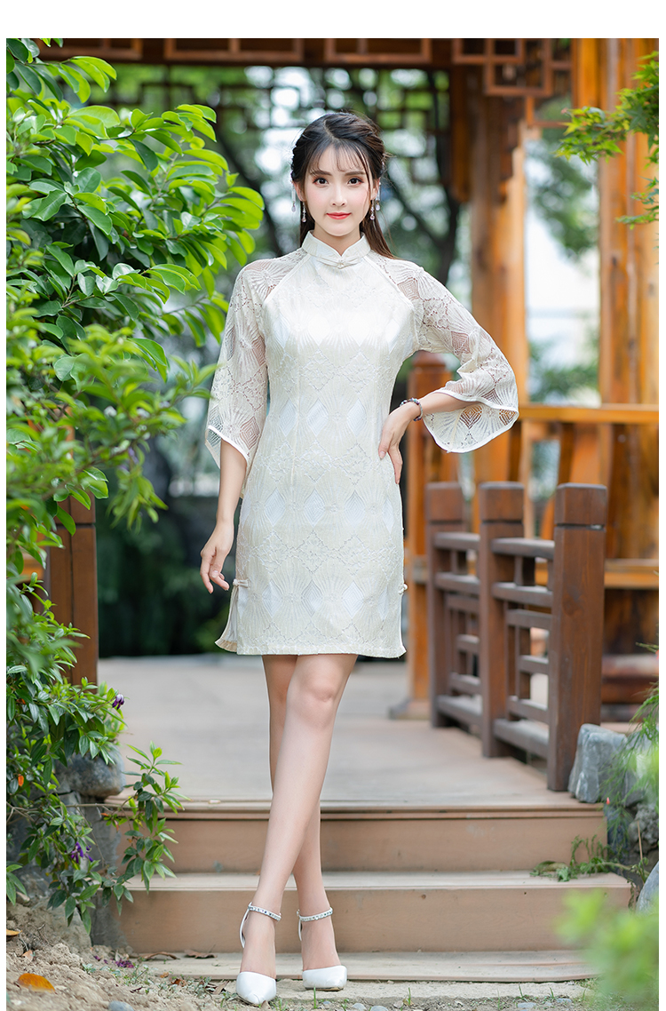 子牧棉麻2018夏季新款 女新品 民族风女装复古立领盘扣七分袖连衣裙