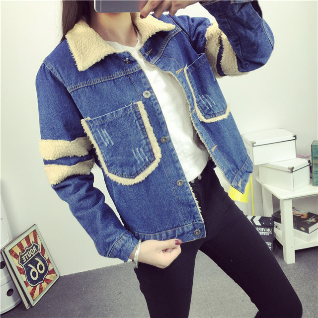 Laconemon 2015秋冬新款牛仔外套女韩版加绒长袖单排扣 蓝色 XL