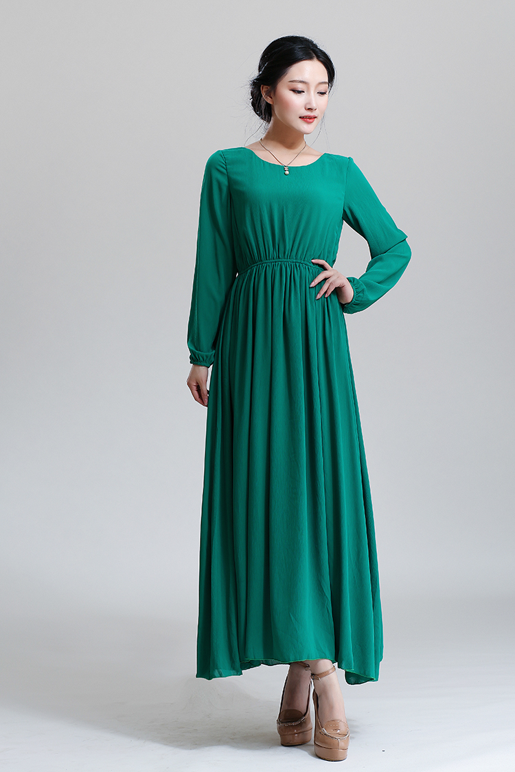 俏絮秋装新款穆斯林长袖连衣裙拖地长裙8160# 绿色 xl