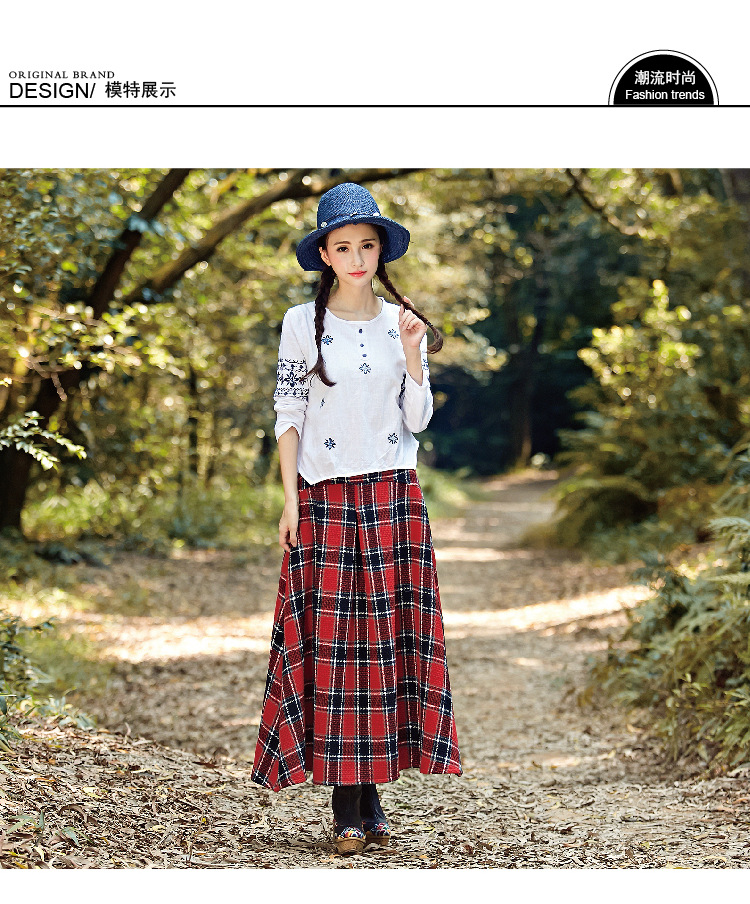 枫莲果2015秋冬新款民族风棉麻呢料百褶宽松格子半身裙女F1015D3255 深蓝色 均码