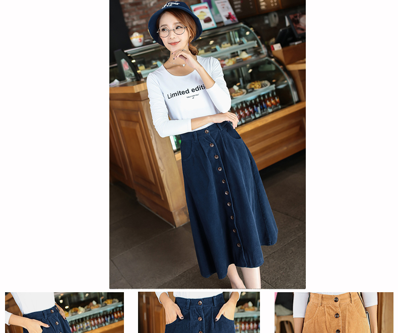情资棉2015新款单排扣纯色灯芯绒微褶半身裙6033# 卡其色 M
