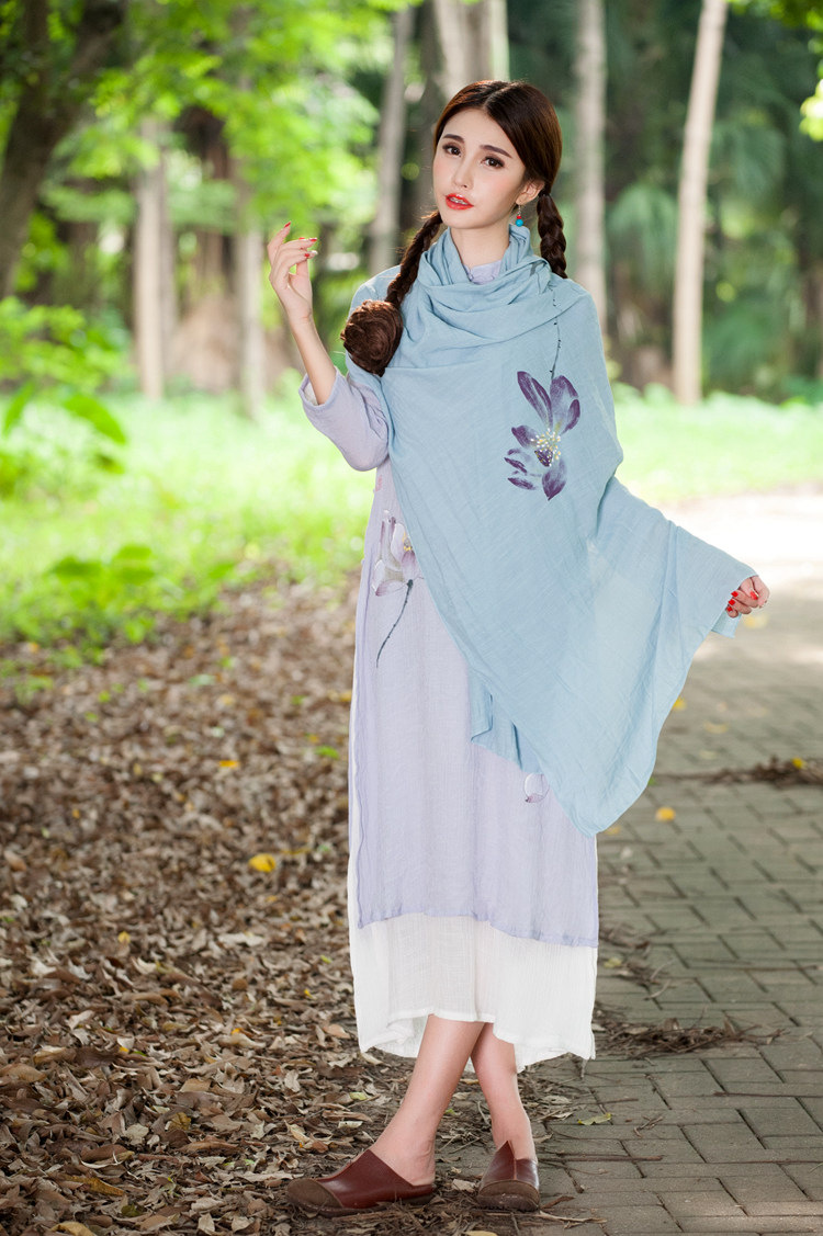 红晶灵2016新款森女风仙女范民族中国风原创手绘印花围巾披肩9315 蓝色