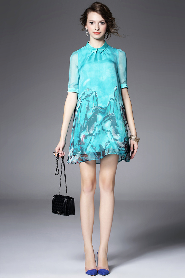 2016夏季中国风水墨印花桑蚕丝中裙 大码宽松真丝连衣裙女中长款fz