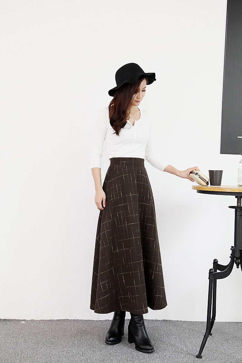雅内特2015秋冬新款女装修身格子毛呢半身长裙NA2050#111 黑色 XL