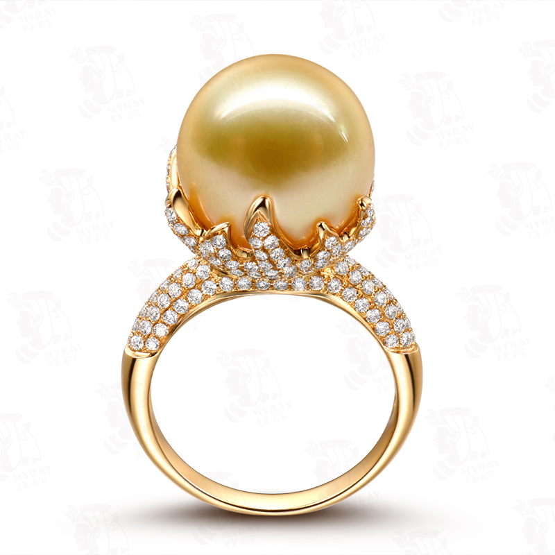 米莱珠宝14145mm金色珍珠戒指女18k金镶嵌钻石15个工作