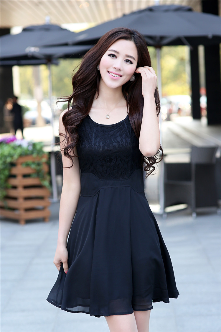 爱思韩 2014春夏新款蕾丝拼接修身百搭镂空装饰雪纺连衣裙 #14w663