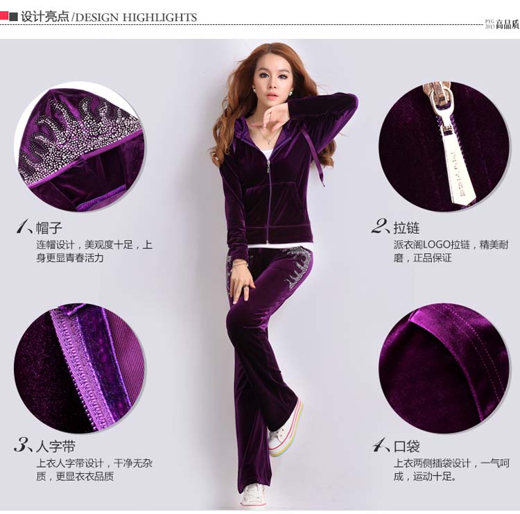 2015秋冬新款 金丝绒套装秋女2015卫衣套装女春秋运动套装女秋装时尚潮 啡紫色 M