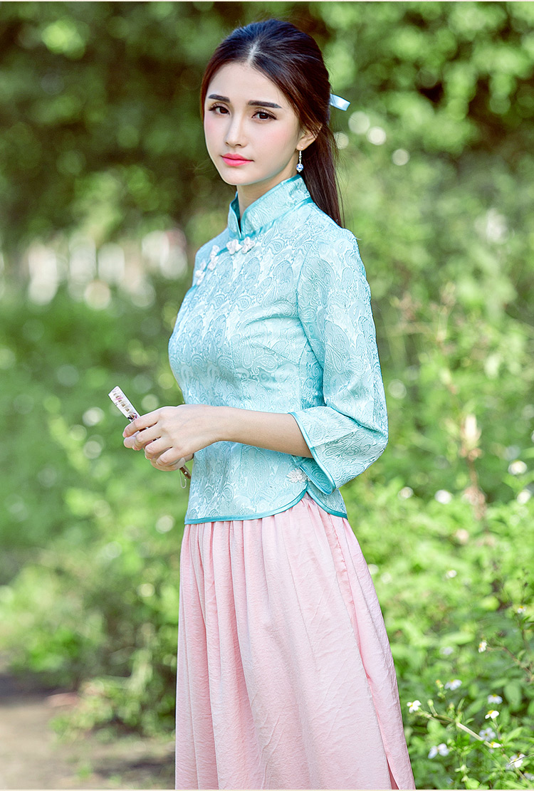 女装2016春夏民国风旗袍上衣 时尚改良提花盘扣七分袖旗袍fz757 粉红