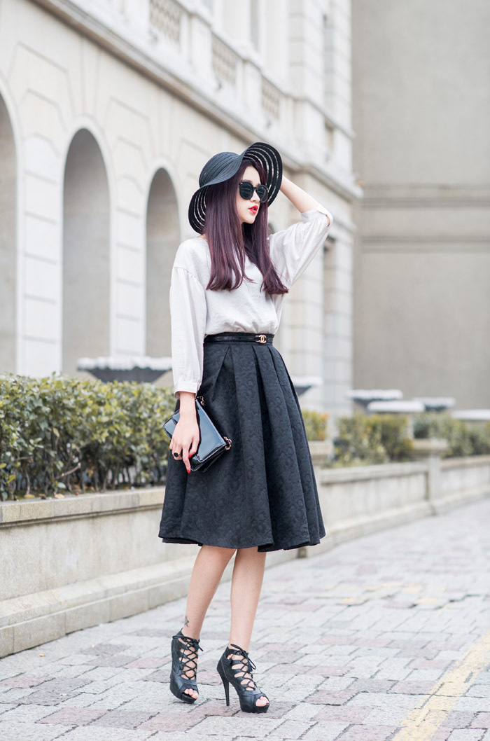 莎密2016春新款暗花印花伞裙复古中裙半身裙子 黑色 l