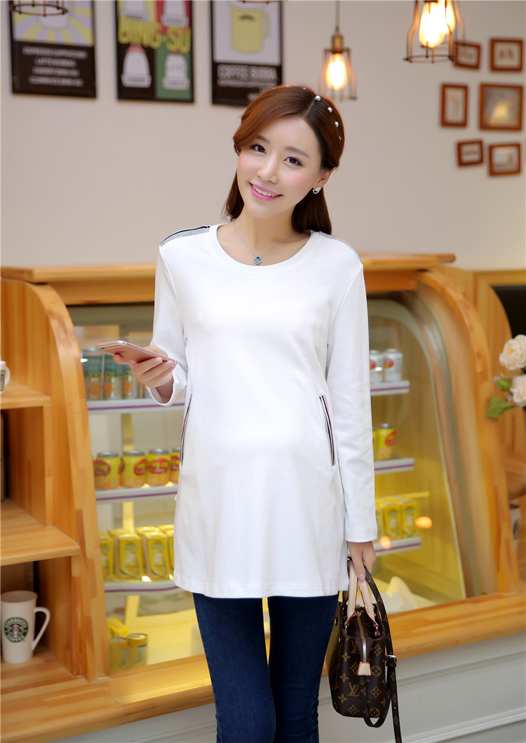 黛熊孕妇装全棉舒适长袖孕妇上衣韩版春装新品圆领孕妇t恤 白色 l