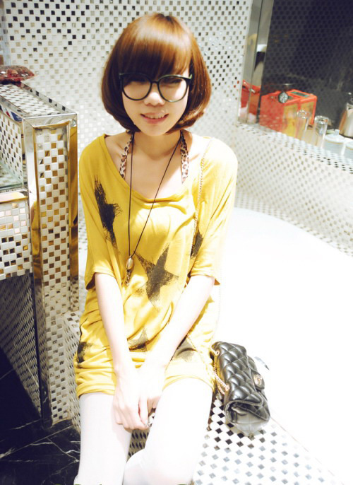 柳媛235# 休闲宽松五角星长t(白黄) 黄色 均码