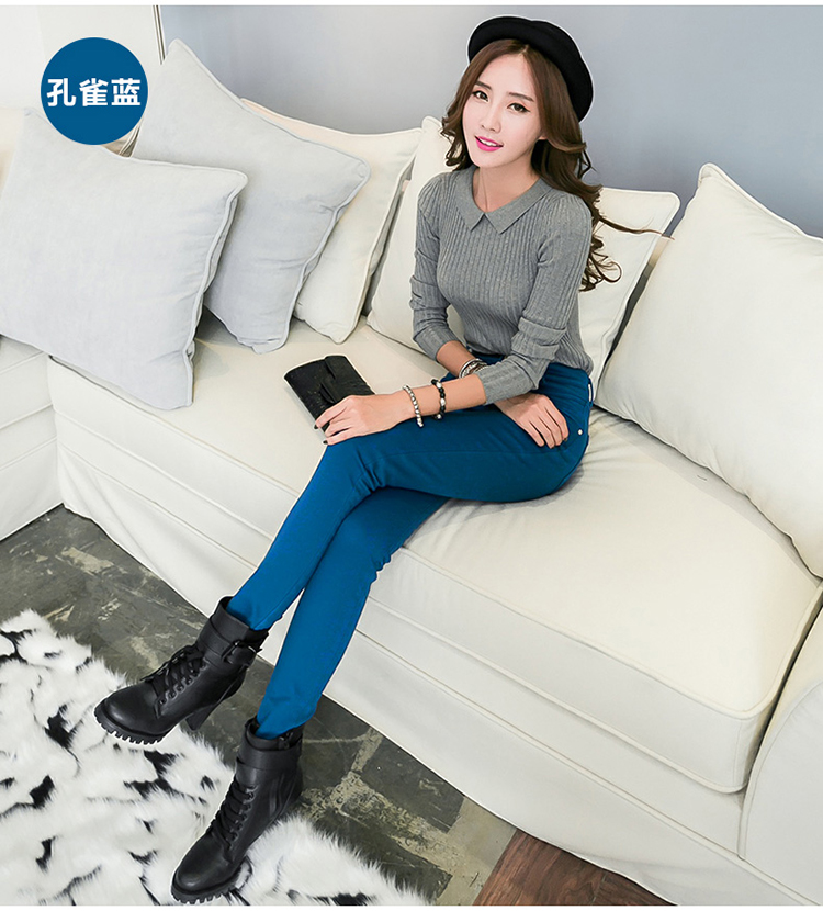 陶紫（TAOZI）加厚加绒高腰排扣牛仔裤女超弹力紧身松紧铅笔小脚 孔雀蓝 27码