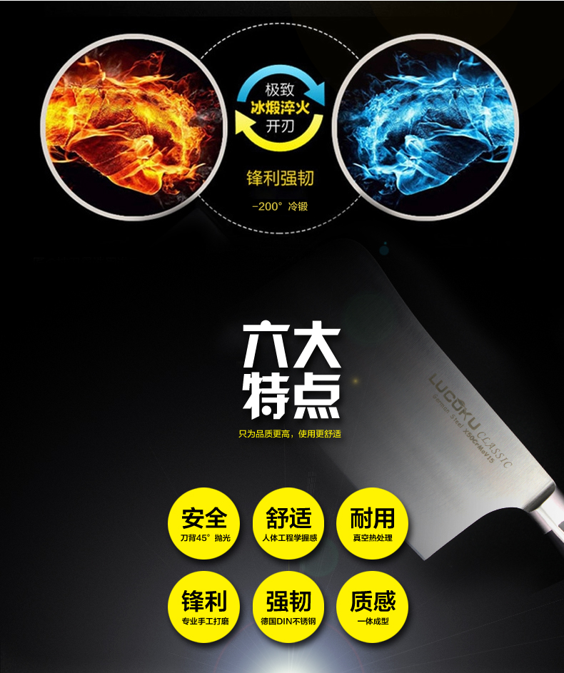 瑞士LUCUKU路卡酷不锈钢家用菜刀砍骨刀套装 厨房切片套刀两件套