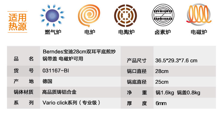 Berndes 宝迪德国原装进口28cm（电磁炉通用）无油烟不粘锅平底双耳带盖煎炒锅