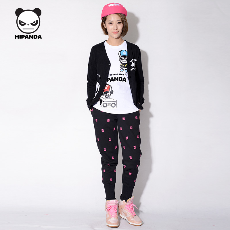 HIPANDA 设计潮牌 秋冬女款 女针织满印收脚 高腰裤 黑色 165/L