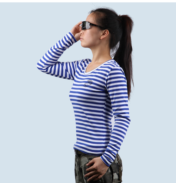 2016新款长袖条纹t恤 女士海魂衫 复古海军衫 蓝白条纹 m