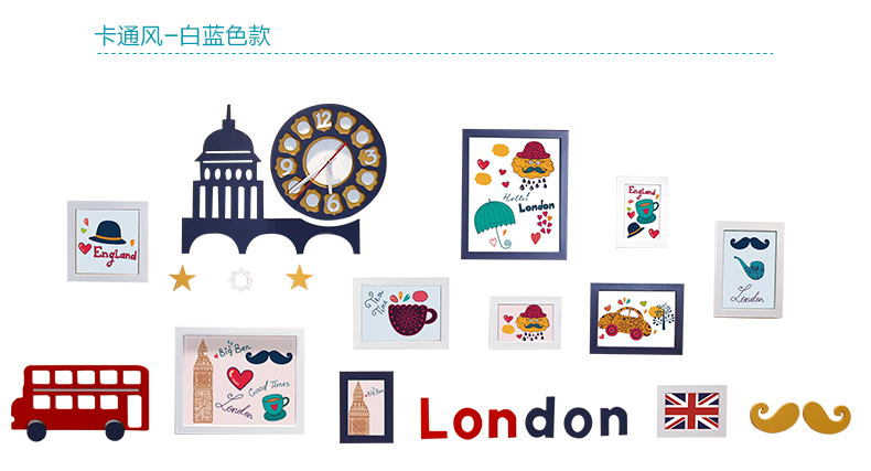 
                                        庭乐  英伦风格实木照片墙 相框墙创意组合相片墙欧式客厅相框挂墙 白蓝A款组合+送英伦画心                