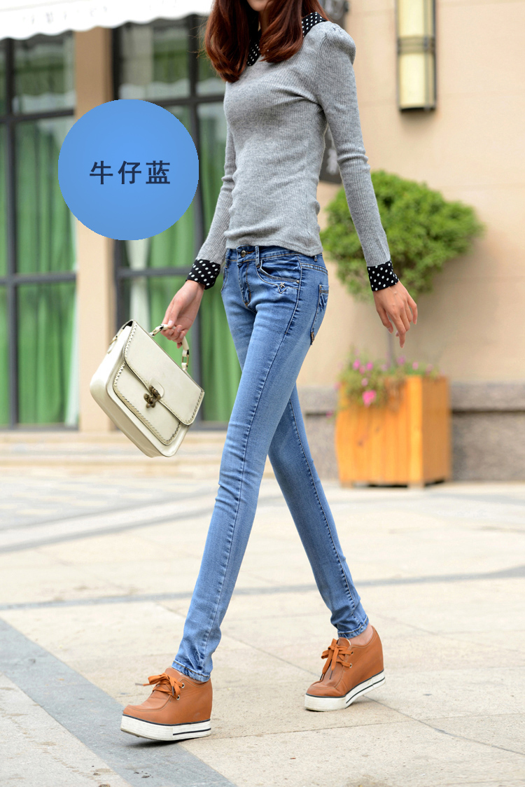 
                                        珂兰夫人春秋新款韩版修身中腰牛仔裤女弹力显瘦铅笔小脚长裤 深蓝色1961 28码                