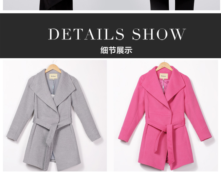 ELULAM一路蓝 2015秋冬新款欧美时尚修身羊毛呢中长款法兰绒大衣外套女56D108 灰色 S