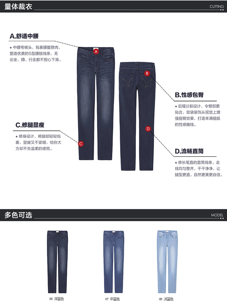 佐丹奴牛仔裤 女装弹力洗水泛白修身显瘦直筒裤 牛仔长裤05414521 12中蓝色 30码(170/74A)