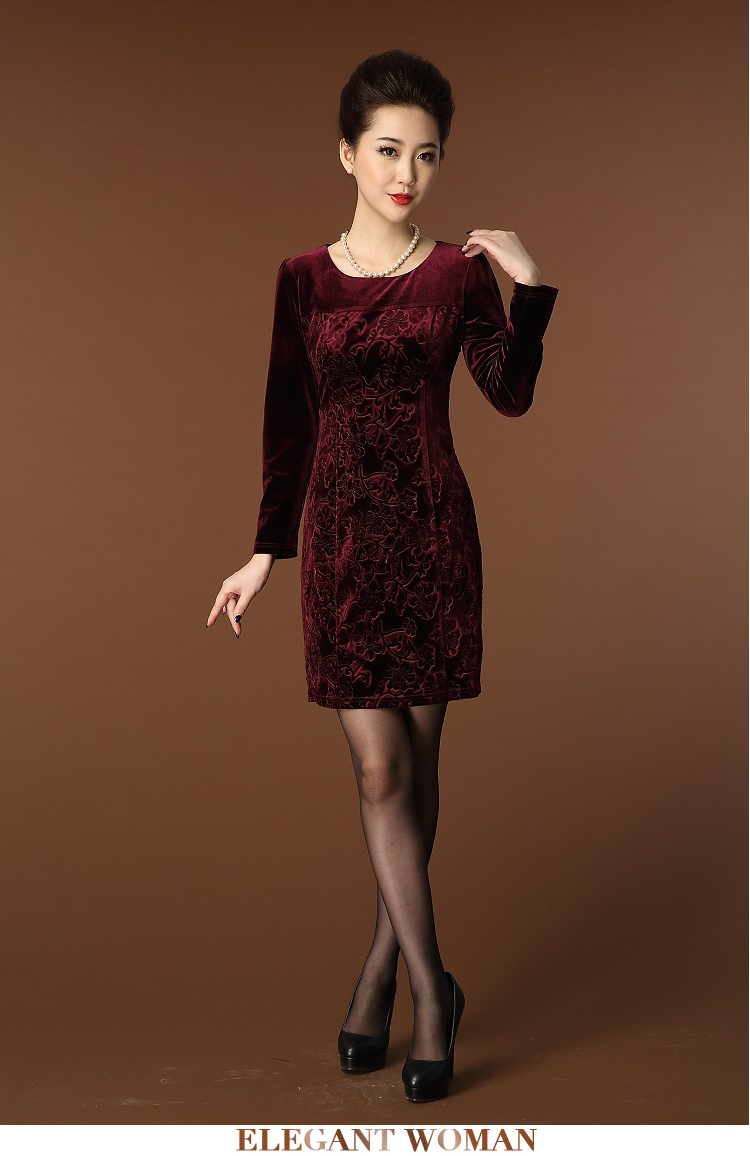 秋装新款ol气质高档品牌大码显瘦长袖女装金丝绒连衣裙8818# 酒红色