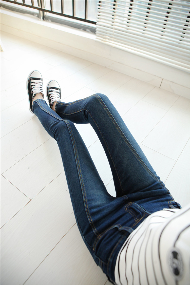 显瘦时尚水洗竖条牛仔铅笔裤修身高腰小脚裤女长裤韩版潮 深蓝色 31码