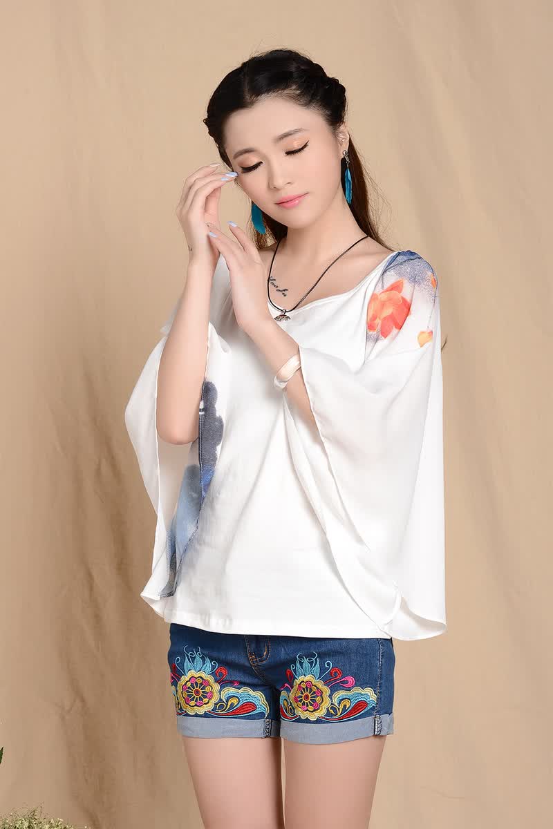 美莲香2016女装民族风大喇叭袖唯美荷花刺绣印花长袖雪纺衫夏季t恤