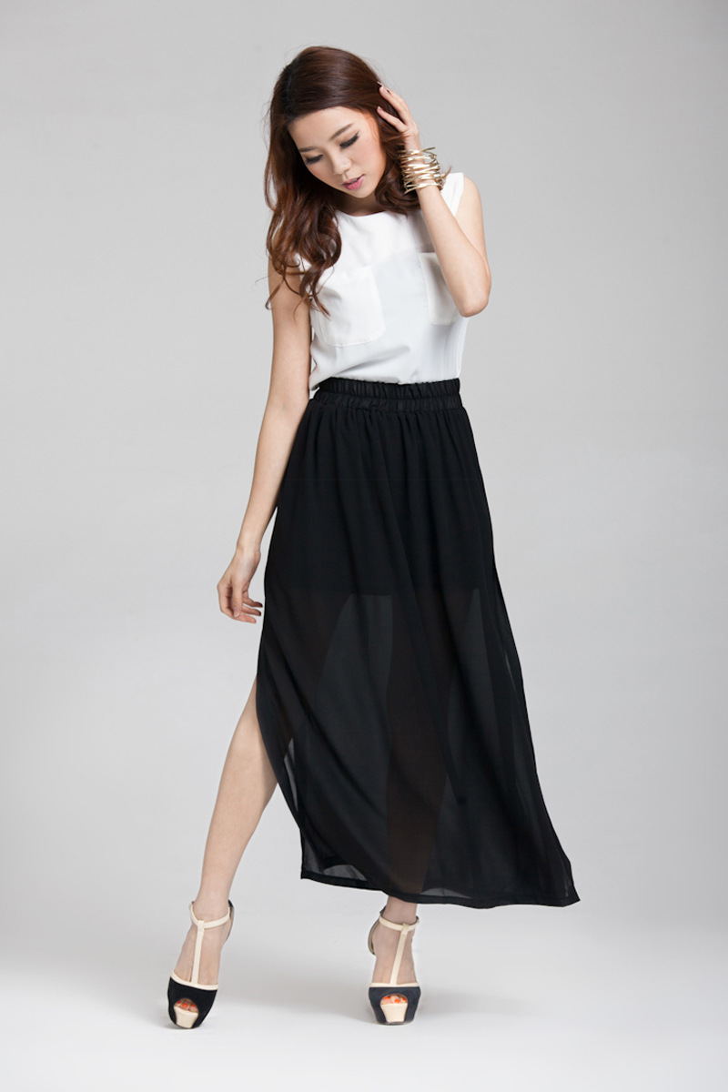 郁香衣舍2016新款高腰半身裙沙滩欧美开叉裙修身显瘦仙女裙雪纺长裙