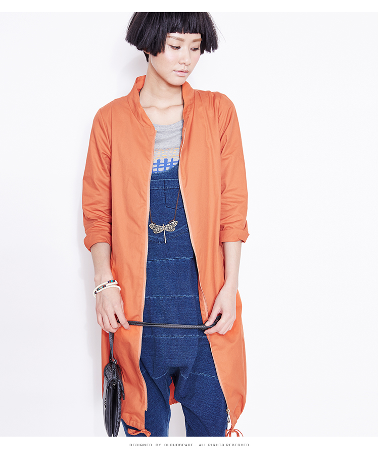 云上生活2016春季女装新款宽松立领风衣女中长款外套53W2834 桔红色 XL