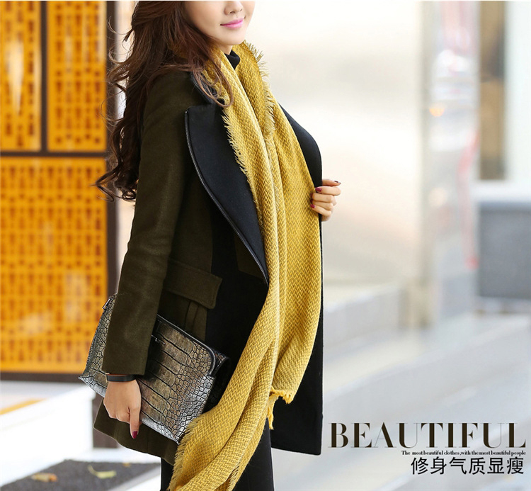 婕梦璐2016女装修身撞色中长款外套毛呢大衣女J810 军绿色 XL