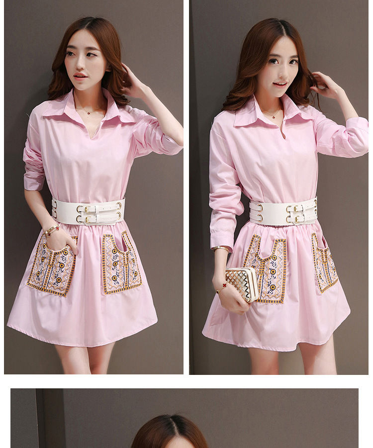 慕魅莎 2015秋季新品韩版ol蝙蝠袖刺绣花朵口袋收腰显瘦气质连衣裙