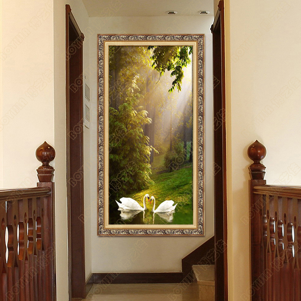 
                                                            博艺佳 欧式手绘风景油画玄关装饰画过道竖版挂画天鹅湖壁画定制 B宫殿金框 60CM*120CM                