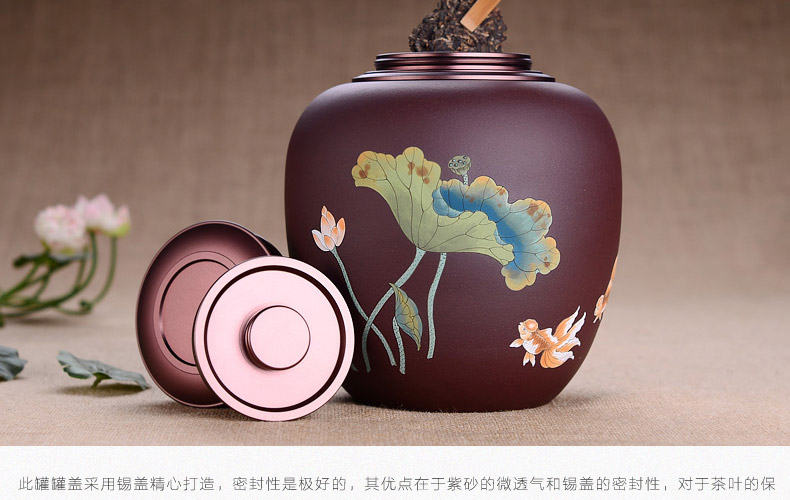 
                                        宏中-宜兴紫砂茶叶罐  手工彩绘锡盖罐 密封罐 普洱罐 醒茶罐                