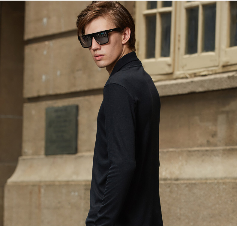 轻奢时尚品牌罗威男装2016春夏新款翻领打底衫休闲t恤长袖t恤 黑色