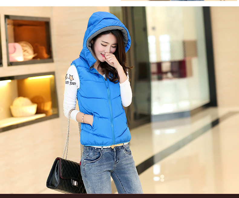 枫莲果秋冬新款韩版休闲羽绒棉服外套修身连帽坎肩马甲女 浅蓝色 L