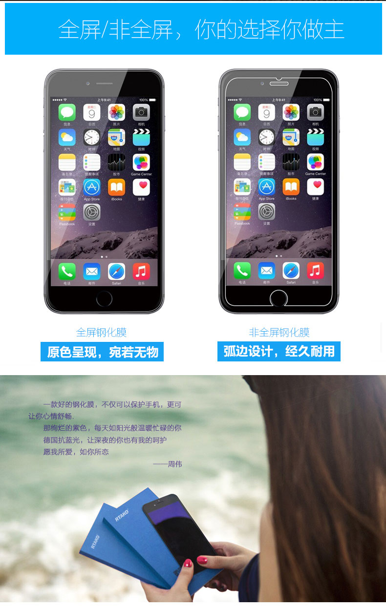 
                                        Rtako【3D抗蓝光全覆盖】iphone6s钢化膜不碎边适用苹果6/6sPlus贴膜全屏 6P/6sP 白色升级蓝光全屏                