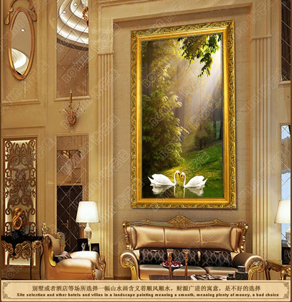 
                                                            博艺佳 欧式手绘风景油画玄关装饰画过道竖版挂画天鹅湖壁画定制 B宫殿金框 60CM*120CM                