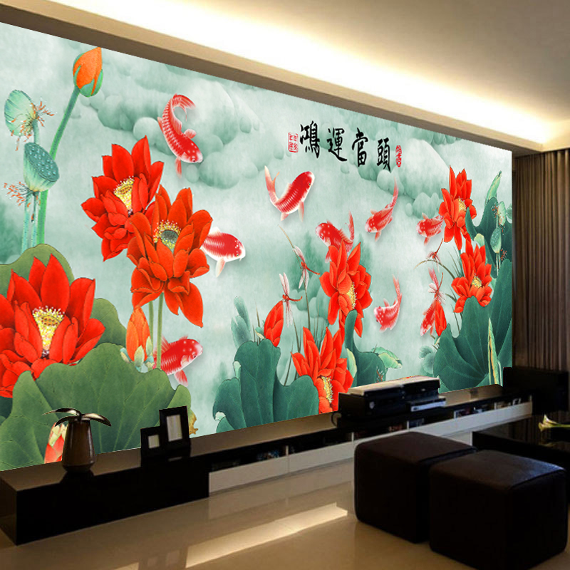正品精准印花新款花开富贵鸿运当头九鱼图荷花版客厅印花年年有余十字绣 3股线绣11CT棉线印花145*55CM只绣花跟鱼