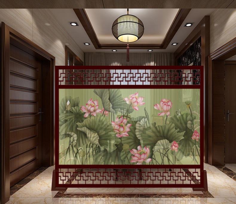 
                                        睿泽の家 定制镂空屏风 欧式新中式屏风 玄关客厅办公室摄影隔断 荷气生财 不透明-胡桃木边框 240cm宽X200高 上下镂空                