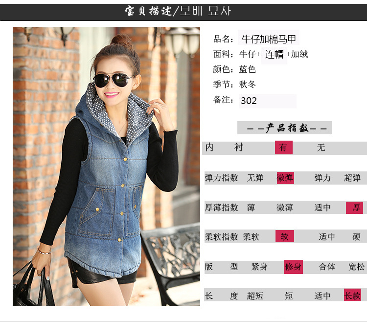 全美高丝韩国街头百搭纯色牛仔连帽加棉马夹开衫马甲外套女 蓝色 M