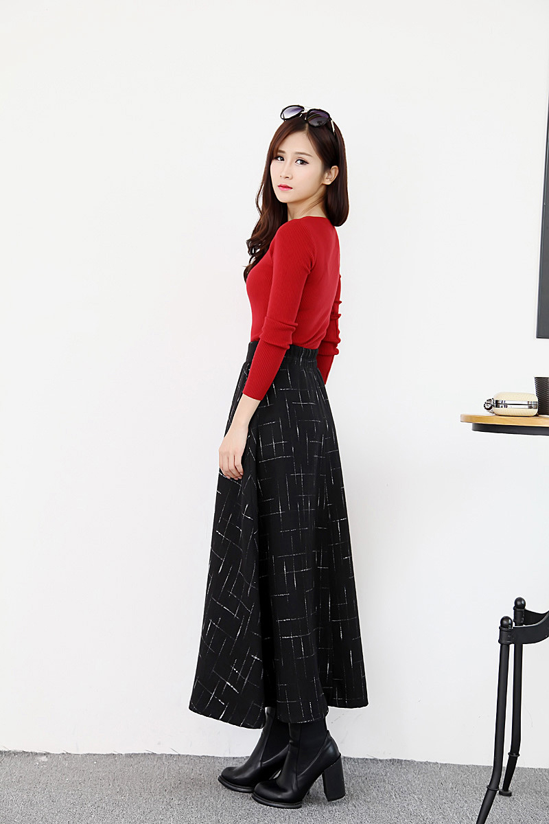 雅内特2015秋冬新款女装修身格子毛呢半身长裙NA2050#111 黑色 XL
