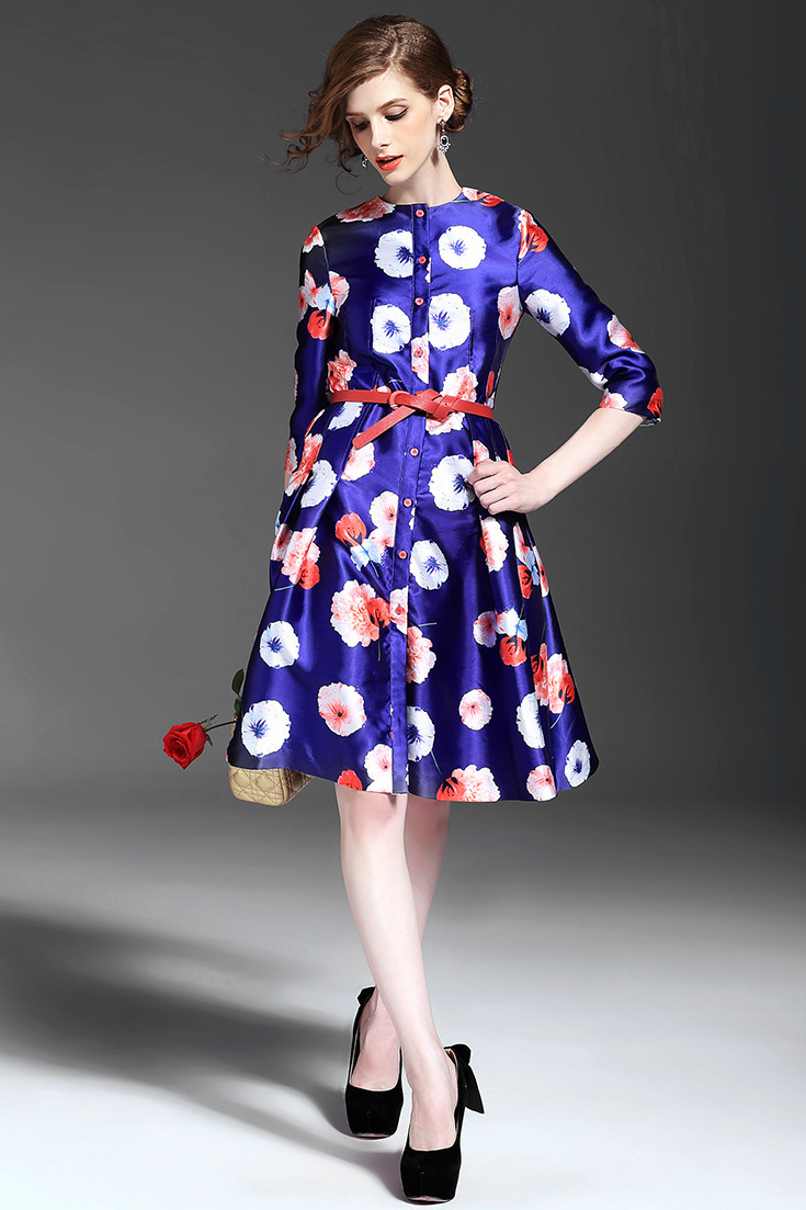 芮婕服装*欧洲站2015早秋新款 高端圆领中袖提花印花腰带收腰裙摆型大