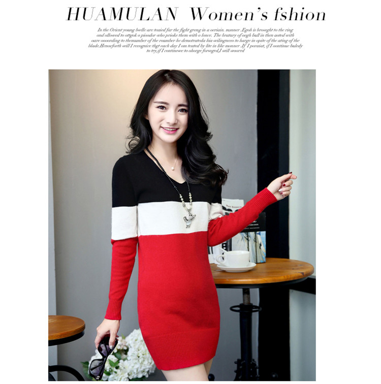 
                                        姿衍秋冬新款韩版条纹针织衫女套头中长款打底毛衣女冬修身包臀针织连衣裙 蓝白黑 L                