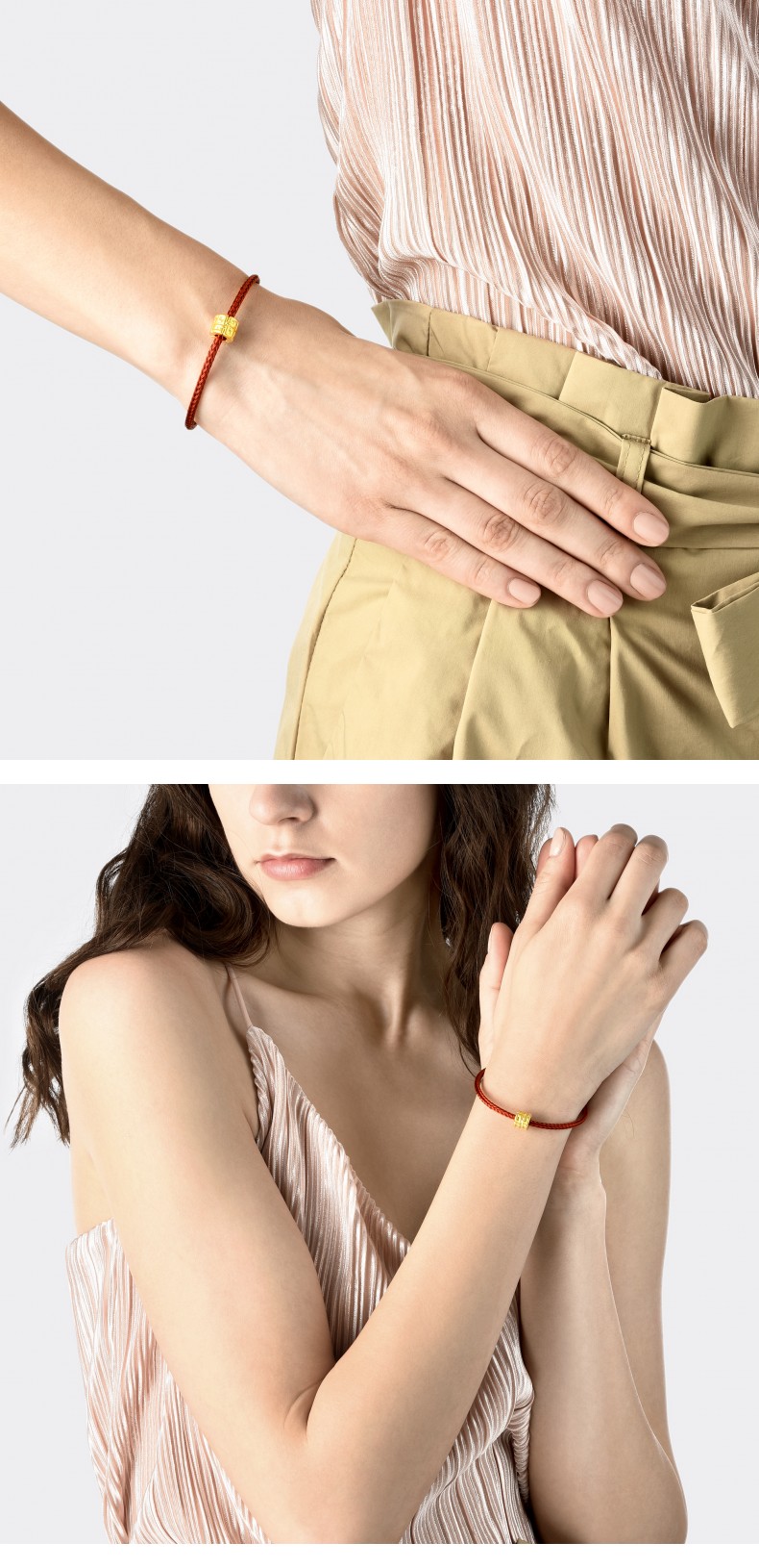 周生生足金charme串珠爱心相连方胜纹金珠黄金转运珠女手串不含手绳