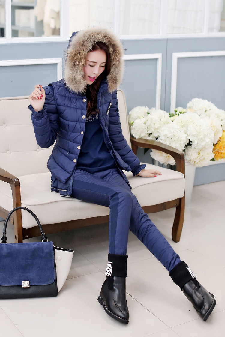 娇女坊       2015秋冬装新款淑女装修身时尚蕾丝羽绒棉服三件套短款棉衣 紫色 L