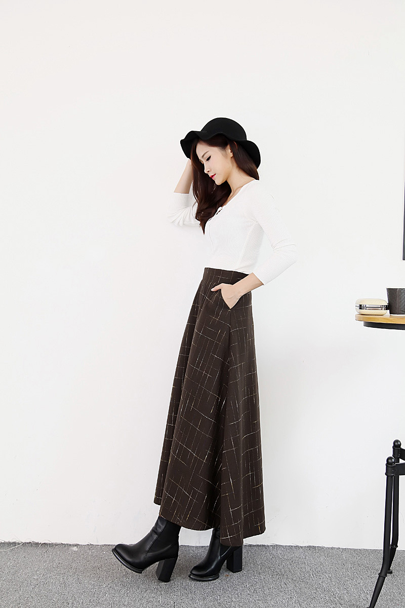 雅内特2015秋冬新款女装修身格子毛呢半身长裙NA2050#111 黑色 XL