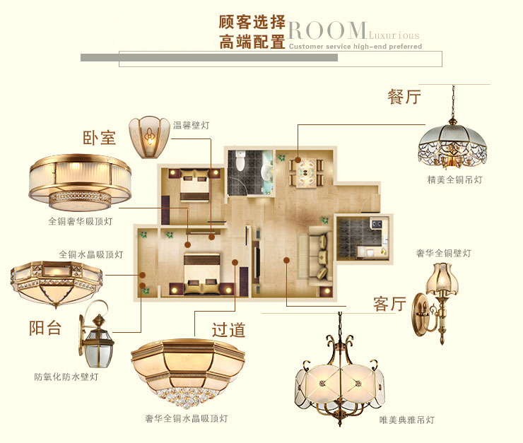 蒙特丽 客餐厅卧室吊灯TT99 美式乡村全铜灯具(B) 3头(66*40)cm