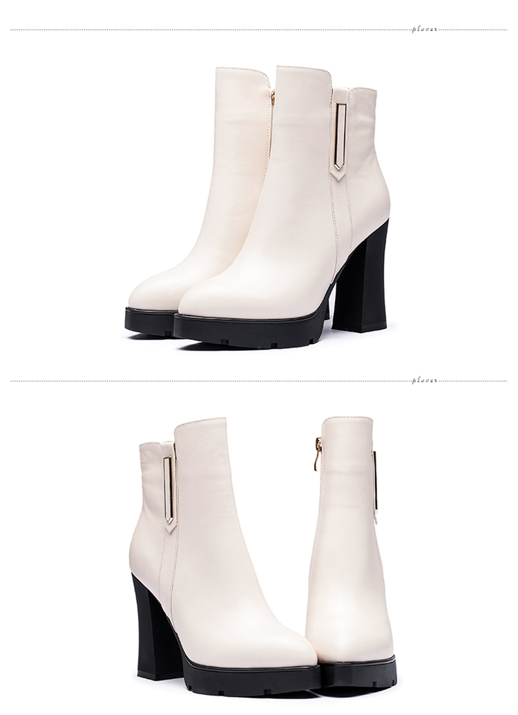 plover英伦牛皮防水台粗高跟女靴子短靴休闲百搭高跟鞋女鞋 黑色 38