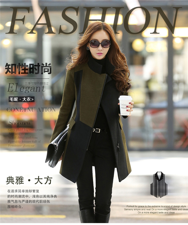 婕梦璐2016女装修身撞色中长款外套毛呢大衣女J810 军绿色 XL