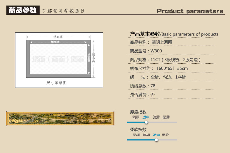 皇室蒙娜丽莎印花新款十字绣【清明上河图】全图全景6米6m客厅风景画系列大画 皇室W300古董布 长6.0米*宽0.65米